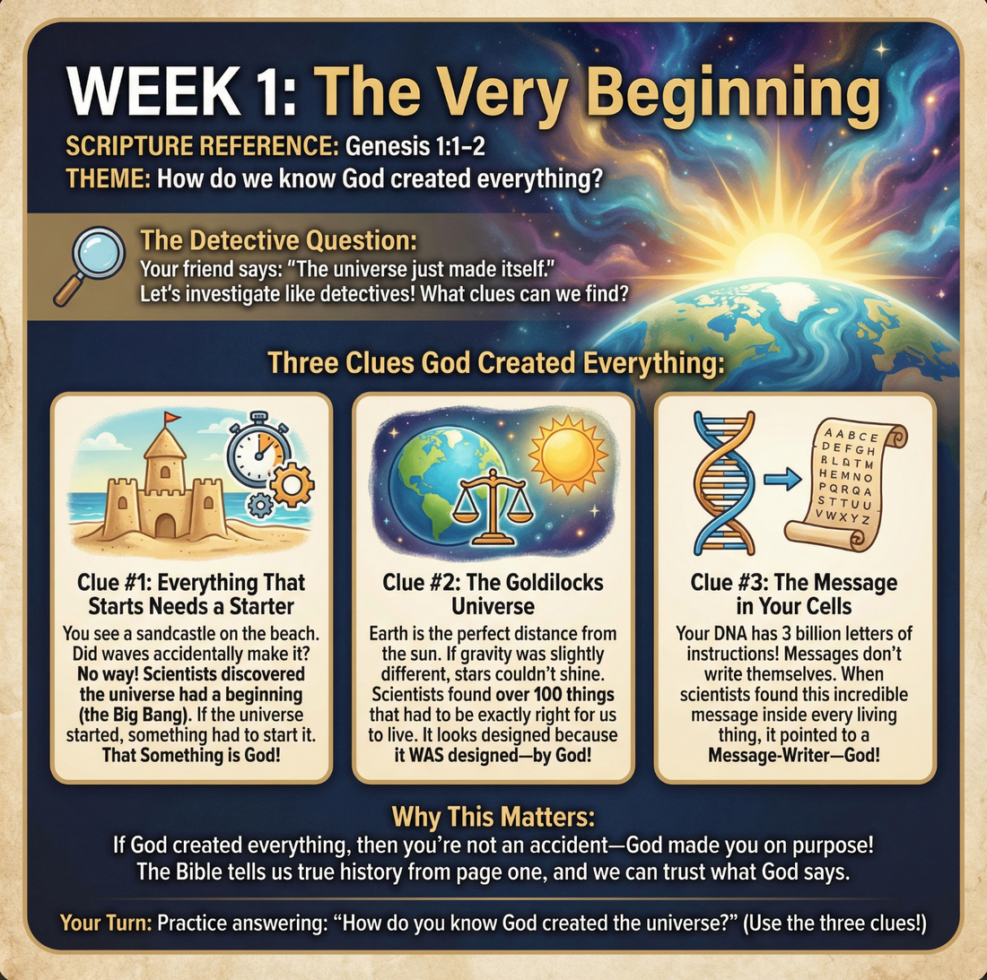 Week 1 lesson page: three clues God created everything