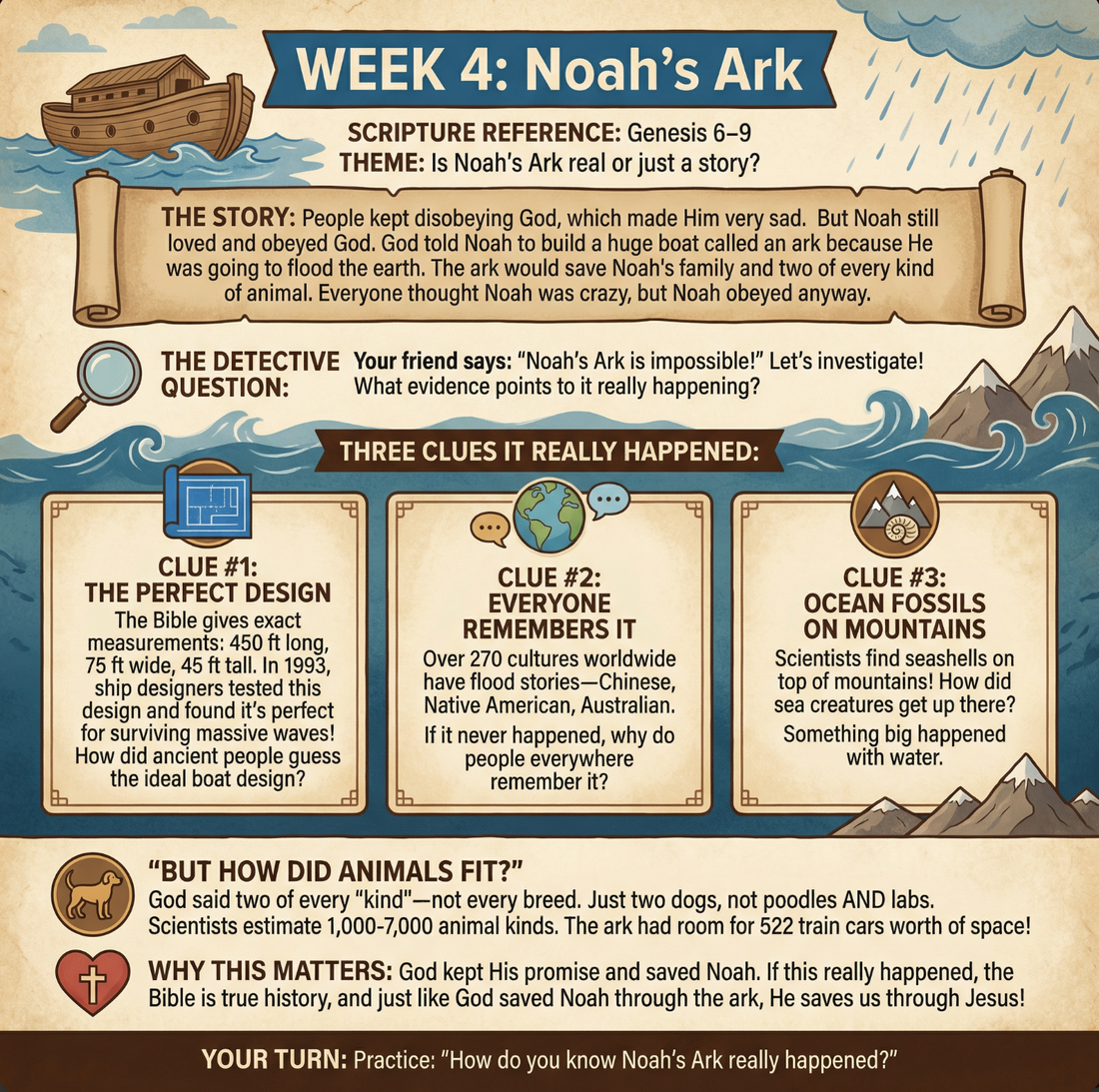 Week 4 lesson page about Noah's Ark with detective question and three clues