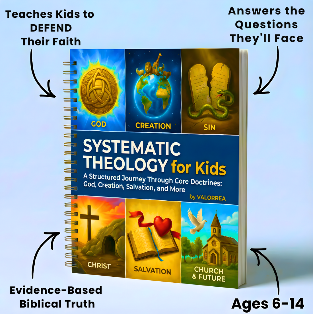 Cover of Systematic Theology for Kids showing God, Creation, Sin, Christ, Salvation, Church and Future
