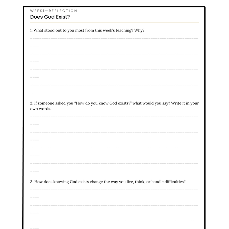 Week 1 reflection page with guided questions and lined writing space
