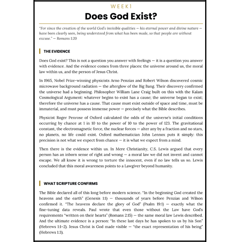 Week 1 lesson page: Does God Exist? with The Evidence and What Scripture Confirms sections